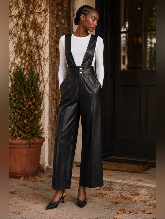 Zara Pants - Zara Black Faux Leather Suspender Overall Pants Wide Leg XS NWT